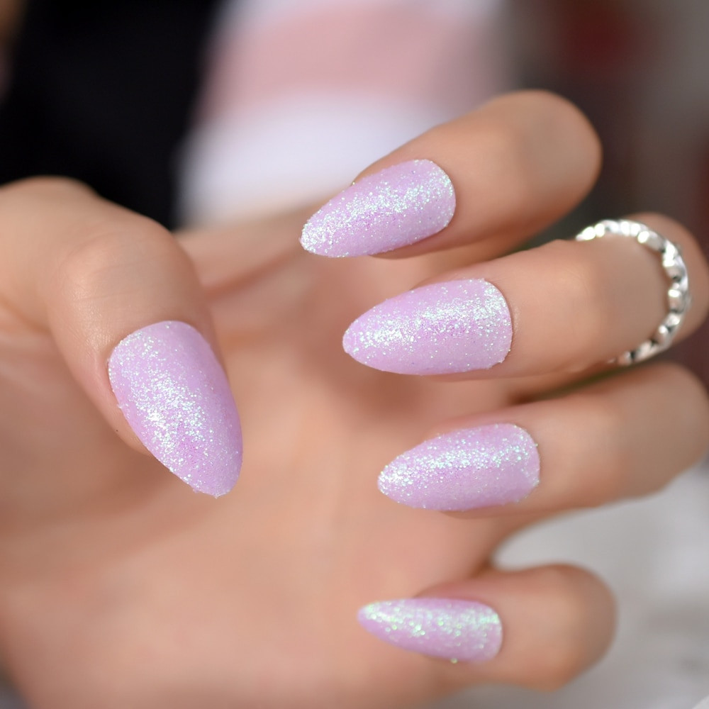 Glitter Almond Nails
 Pack 24 Almond Chrome Glitter Nails Light Purple Stiletto