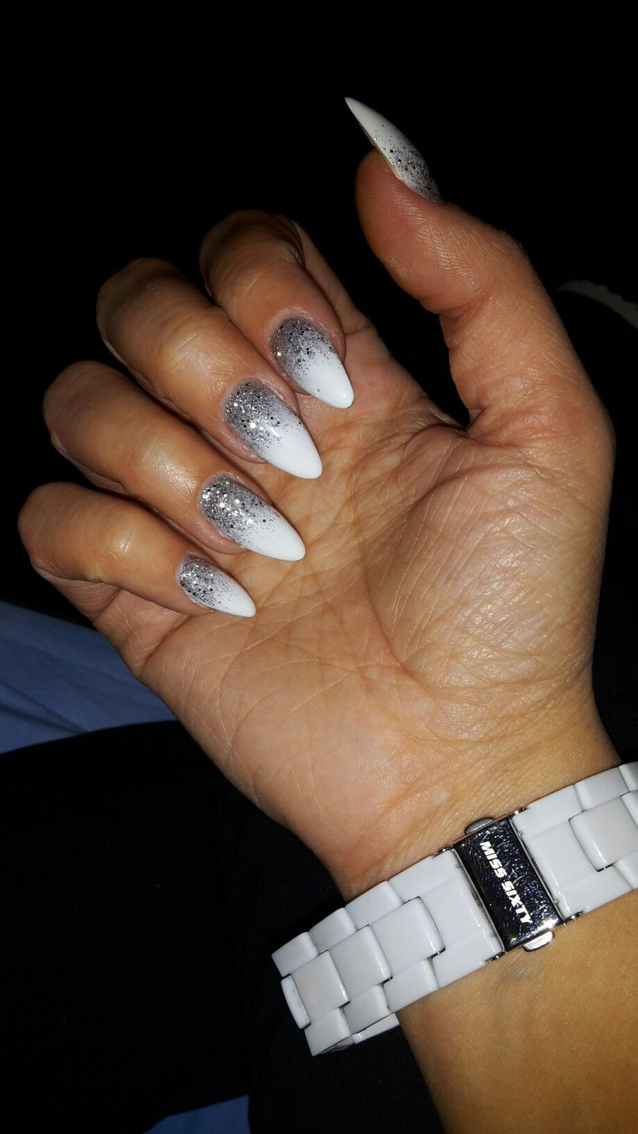 Glitter Almond Nails
 White and Silver glitter Almond Nails Winter Ice Cold