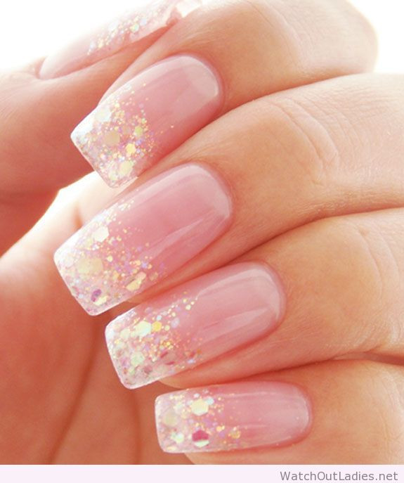 Glitter Pink Nails
 Pretty light pink nails with glitter – Watch out La s