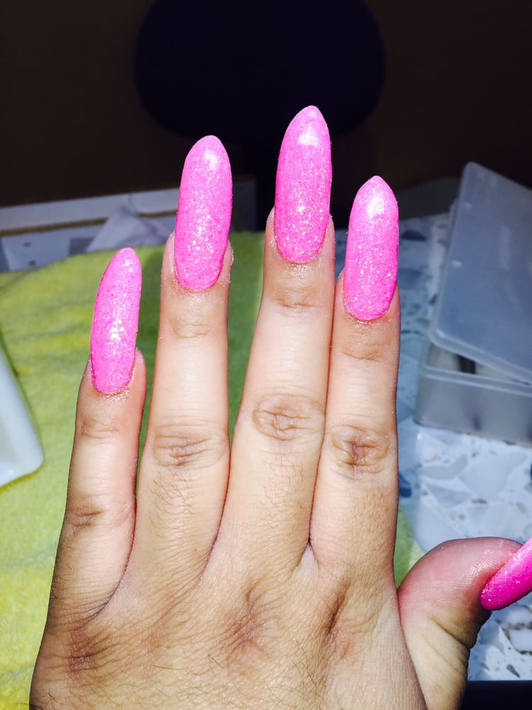 Glitter Pink Nails
 Long pointed glitter powder pink nails Yelp