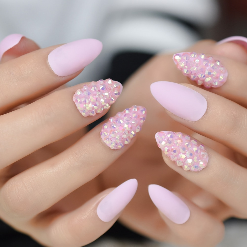 Glitter Pink Nails
 Jelly Pink Glitter Stiletto False Nail Almond Nail Art