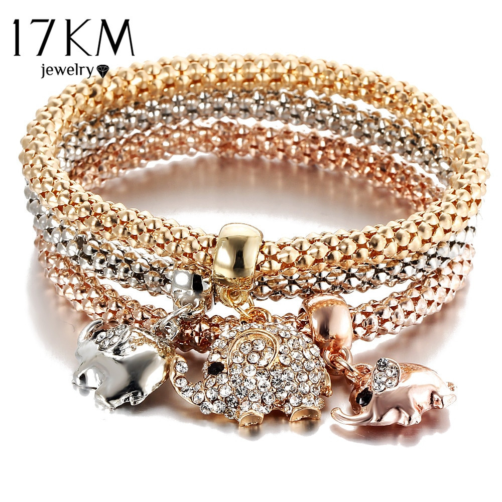 Gold Bracelet For Women
 17KM 3Pcs Gold Color Crystal Owl Charm Bracelets For Women