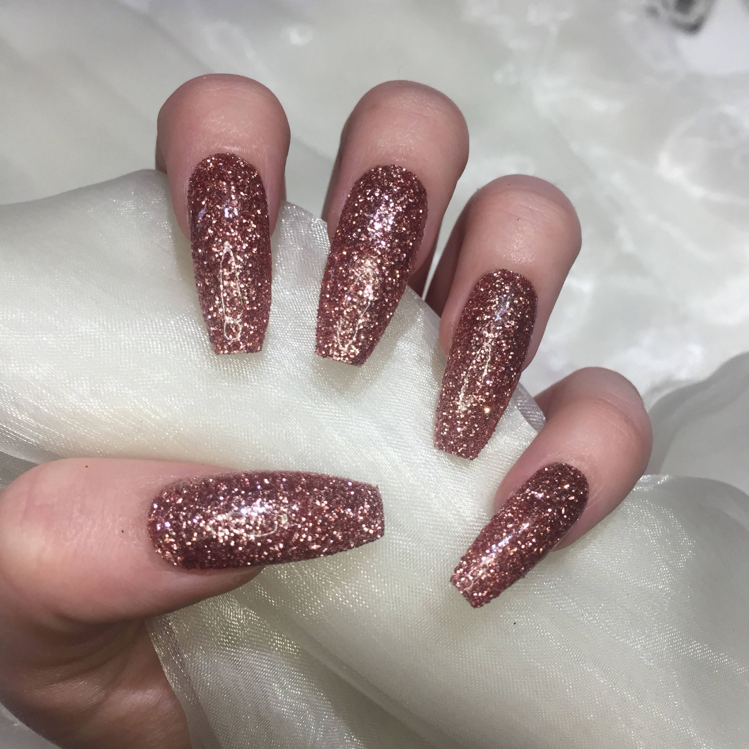 Gold Glitter Coffin Nails
 Extra Long Coffin Rose Gold Glitter Coffin False Nails