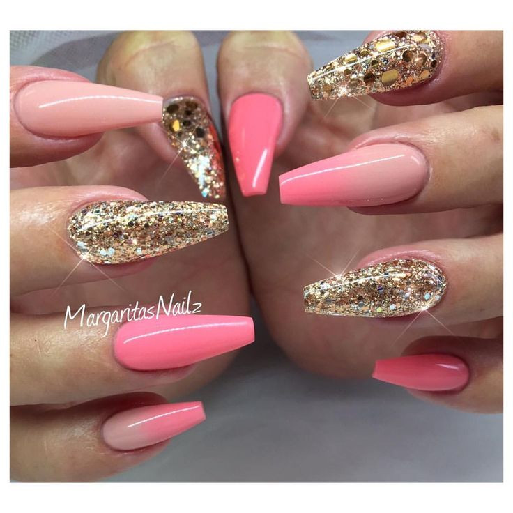 Gold Glitter Coffin Nails
 Rose gold and ombré coffin nails