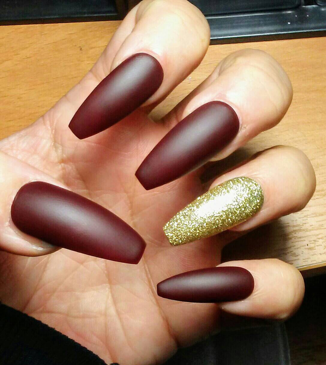 Gold Glitter Coffin Nails
 Long Matte Coffin Nails Burgundy Maroon & Gold Glitter Red