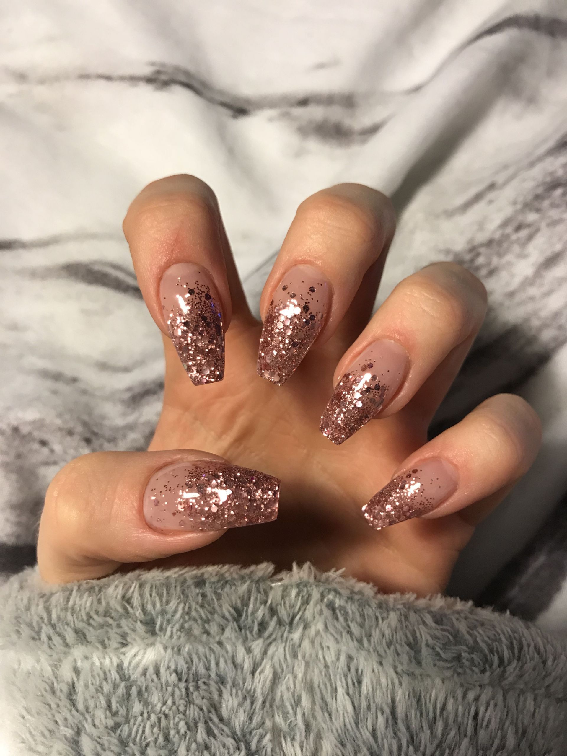 Gold Glitter Coffin Nails
 Rose gold glitter ombré acrylic coffin nails