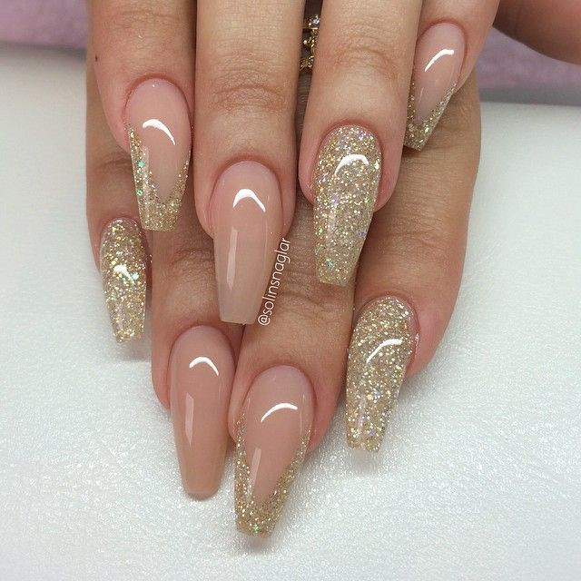 Gold Glitter Coffin Nails
 Blush Gold Glitter Long Coffin Nails nail nailart