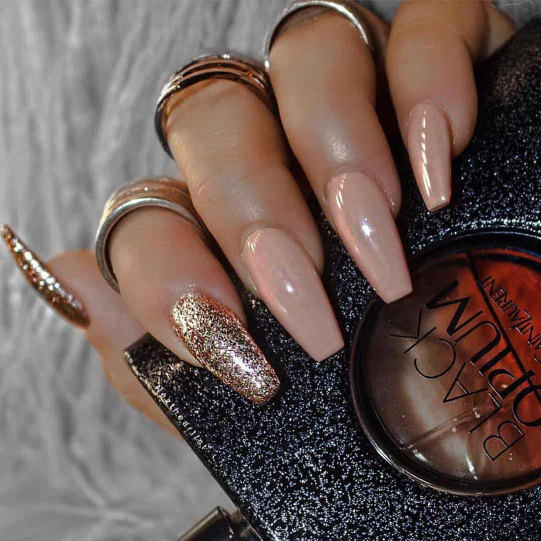 Gold Glitter Coffin Nails
 Rose Gold Nails 30 Ideas from High Shine to Roses in