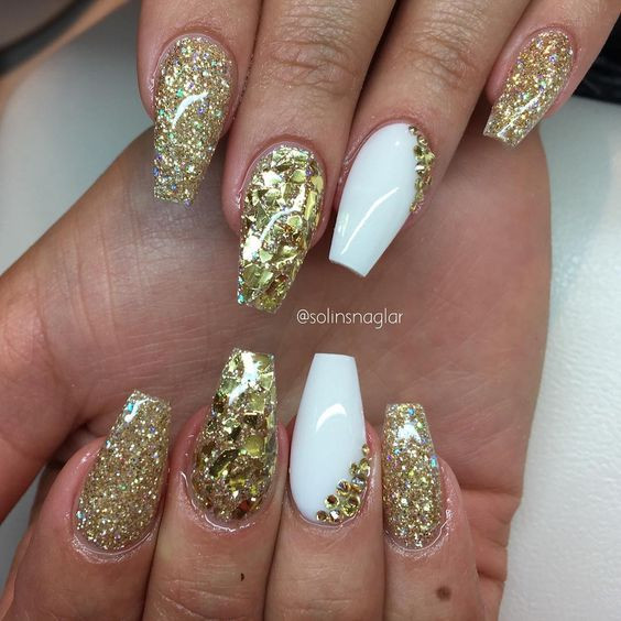 Gold Glitter Coffin Nails
 Gold Glitter Gold Flakes White Coffin Nails nail