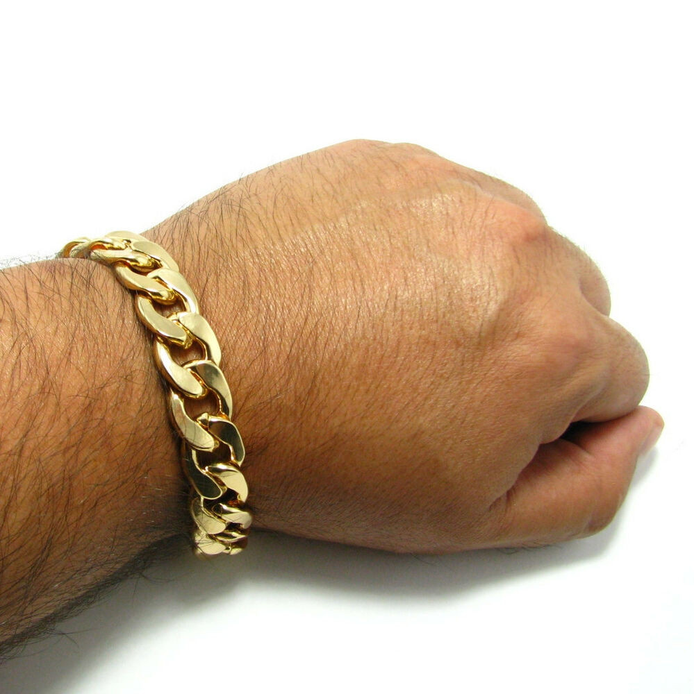 Gold Mens Bracelets
 Cuban Link Alloy Bracelet 14mm Thick Wide Gold Finish