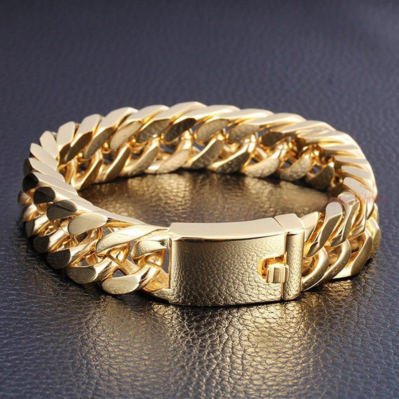 Gold Mens Bracelets
 NEW Heavy Gold Steel Cuban Curb Chain Men s Bracelet Wrist