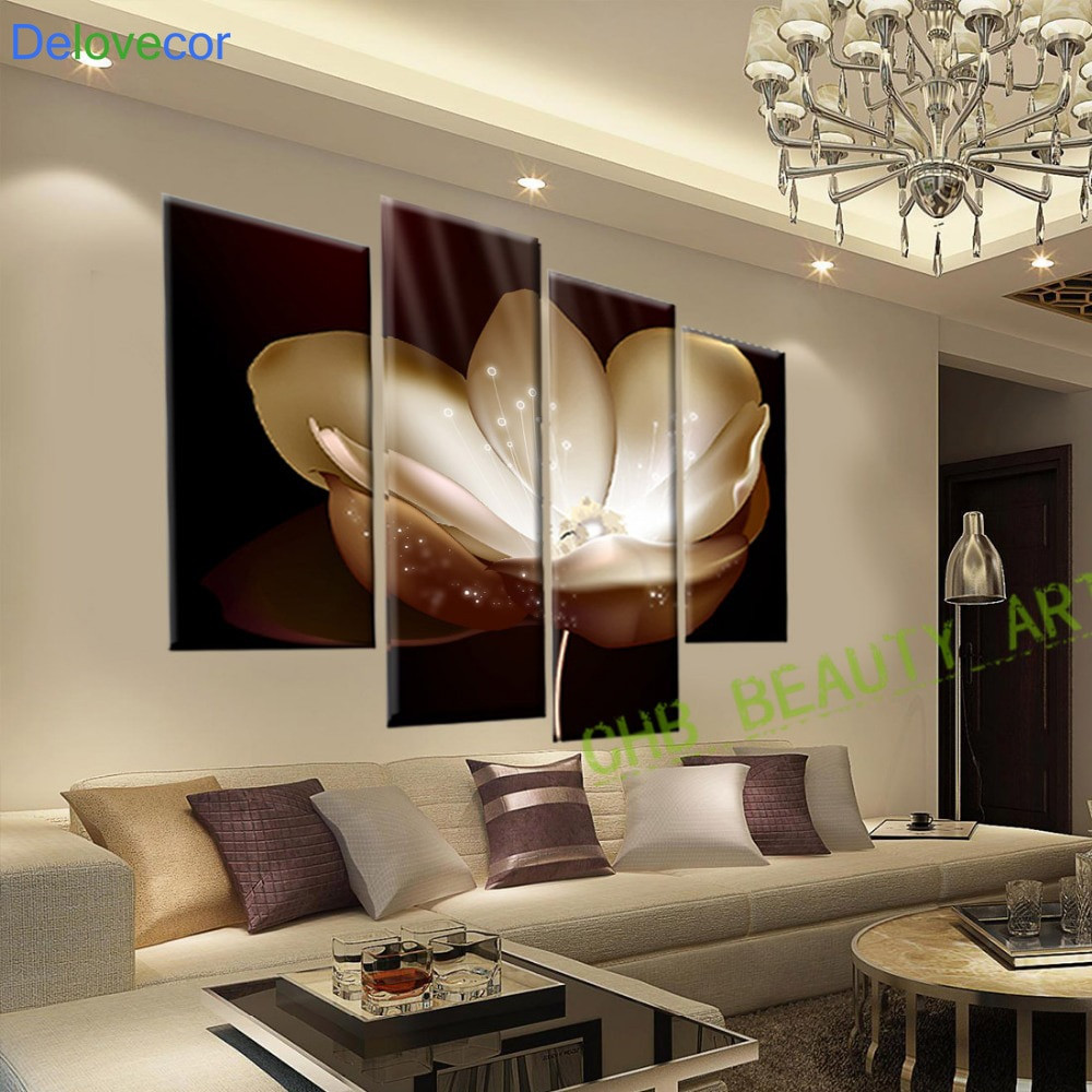Gold Walls Living Room
 4 Panel Gold Flower Printed Painting Canvas Picture Wall