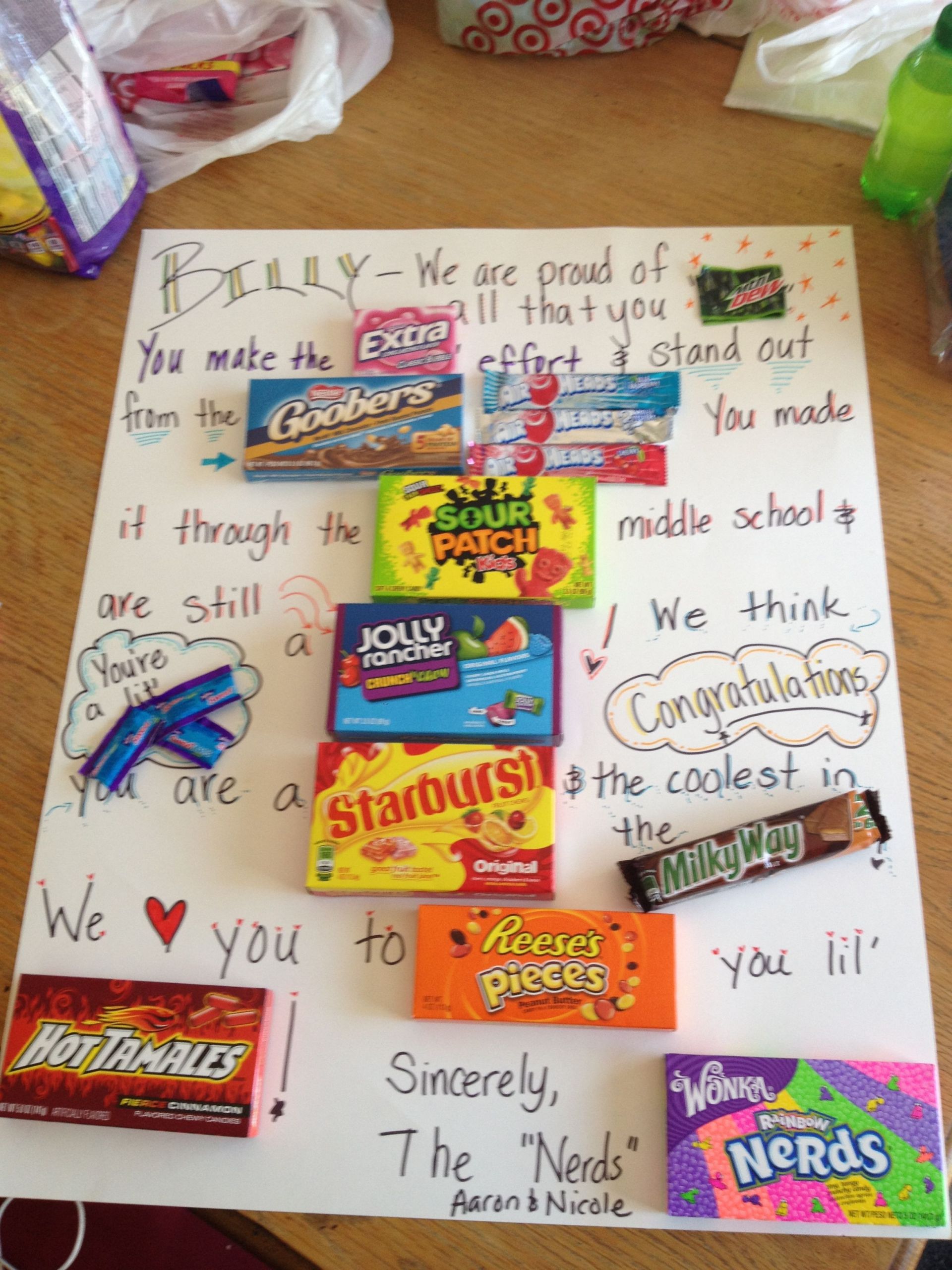 Grade School Graduation Gift Ideas
 A candy card for a boy promoting graduating middle school