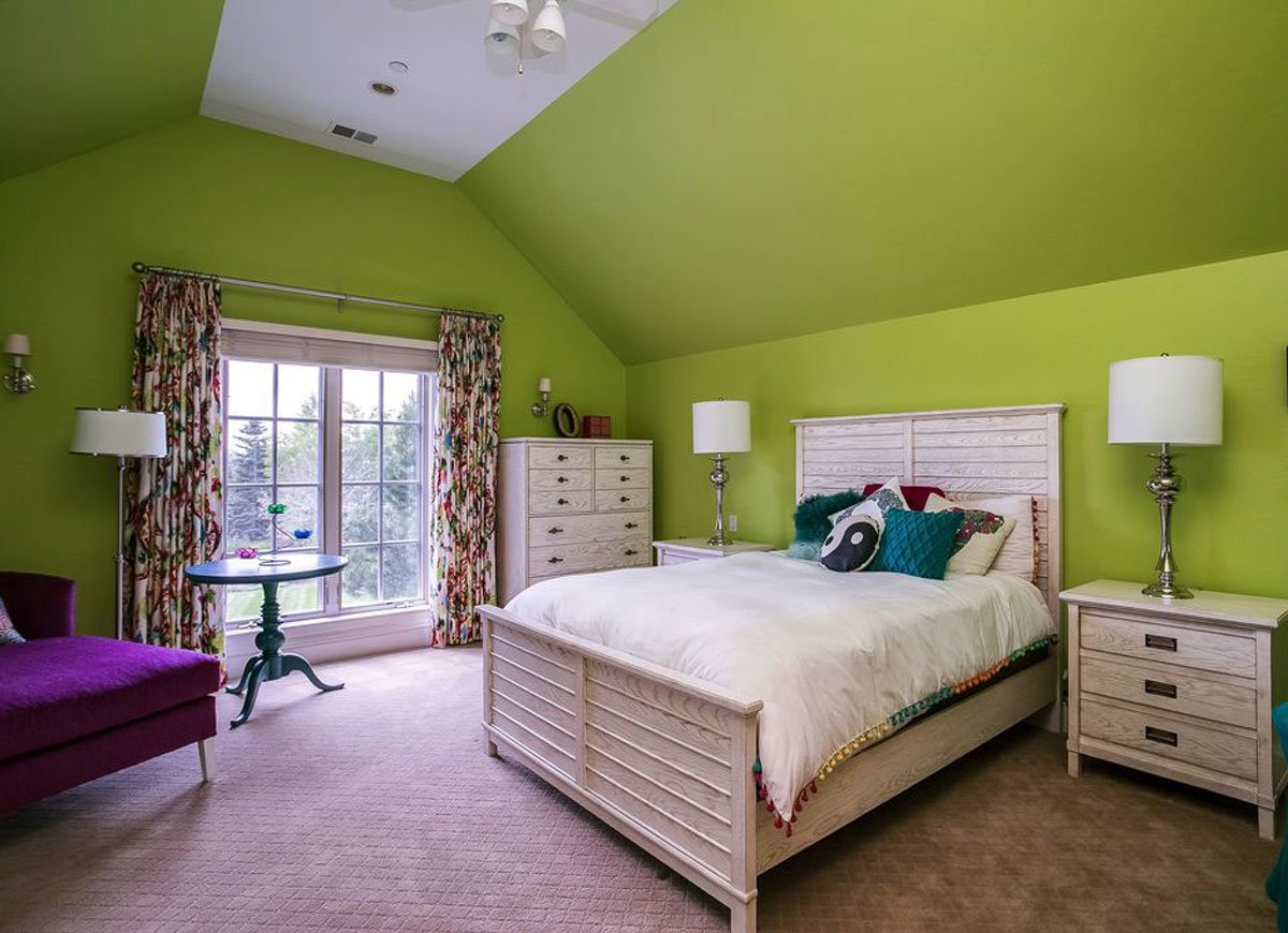 bright green wall bedroom mixed furniture