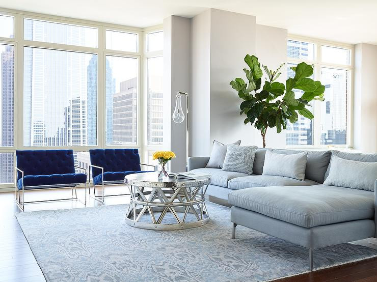 Grey Living Room Chairs
 Gray Sofa with Chaise Lounge and Blue Velvet Accent Chairs