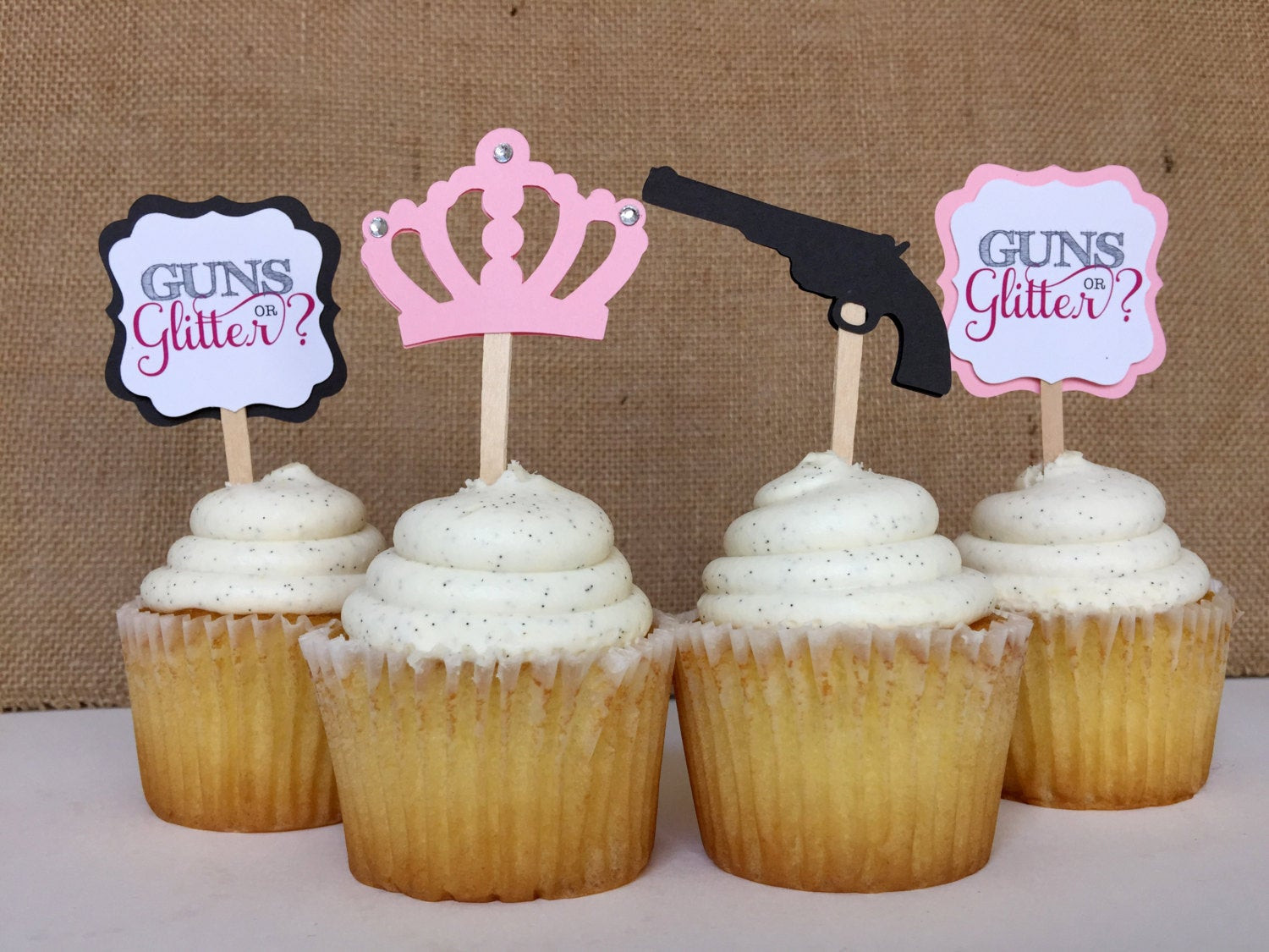 Guns And Glitter Gender Reveal Party Ideas
 12 GUNS OR GLITTER Gender reveal baby shower Cupcake Toppers