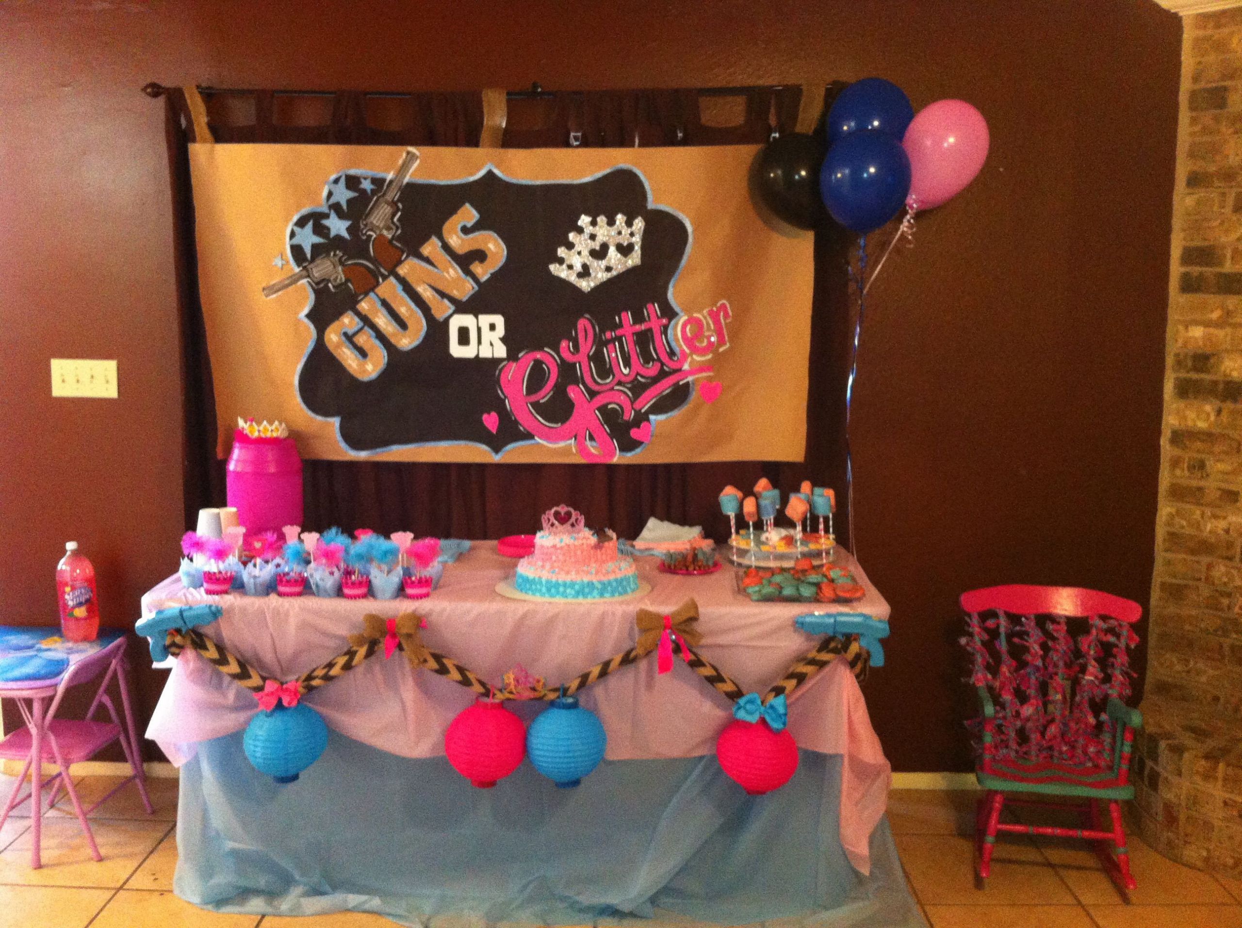 Guns And Glitter Gender Reveal Party Ideas
 Guns or glitter or can do Rifles or Ruffles With images