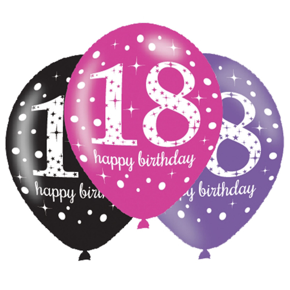 Happy 18th Birthday Decorations
 6 x 18th Birthday Balloons Black Pink Lilac Party