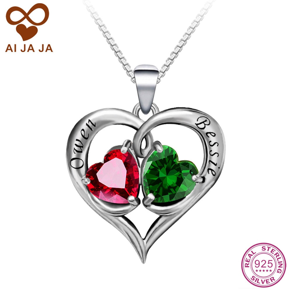 Heart Necklace With Birthstones
 AIJAJA 925 Sterling Silver Birthstones Engraved Necklaces