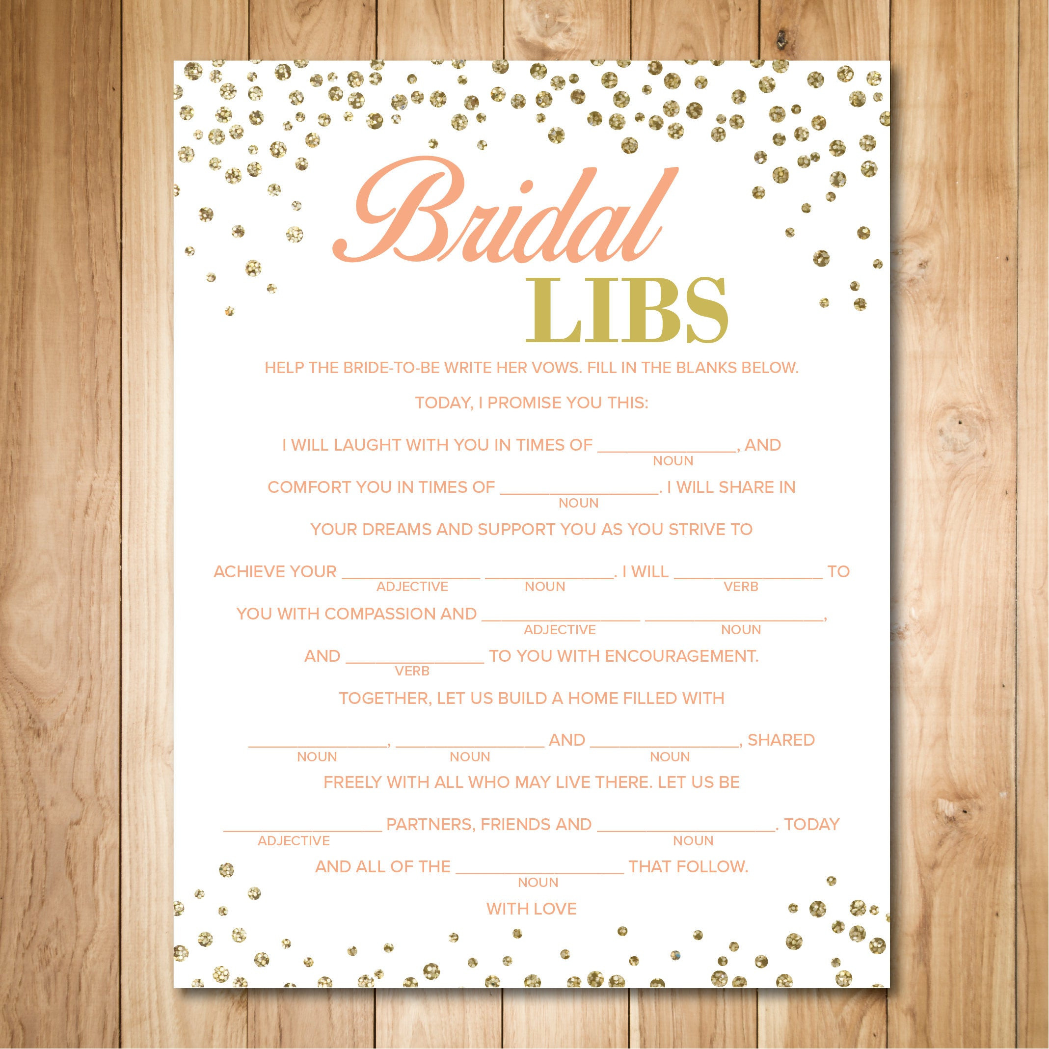 Help With Wedding Vows
 Gold Bridal Shower Games Wedding Vow Mad Libs Bridal