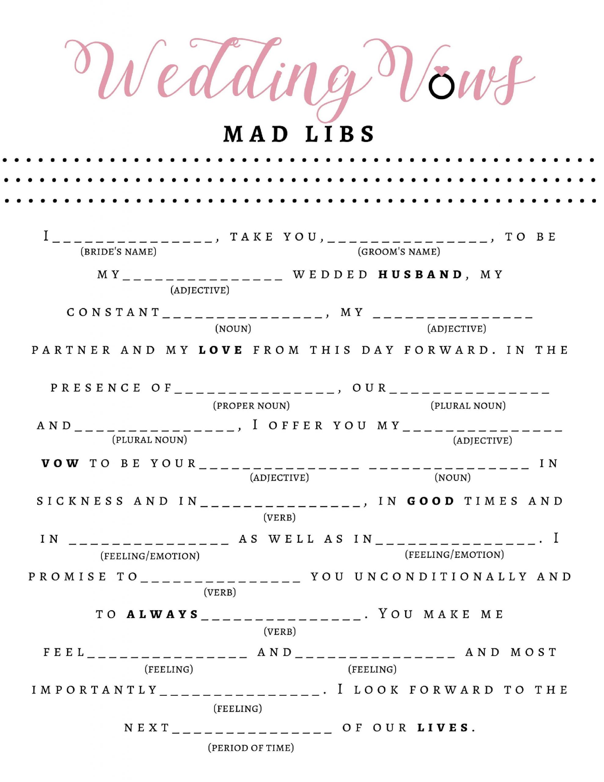 Help With Wedding Vows
 Bridal Shower Game Wedding Vow Mad Libs