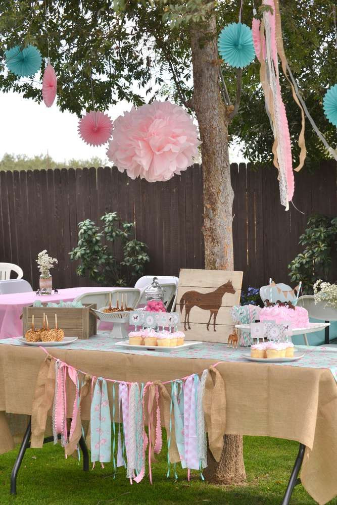 Horse Birthday Party Decorations
 Horse Burlap Pony Floral Pink Teal cowgirl third