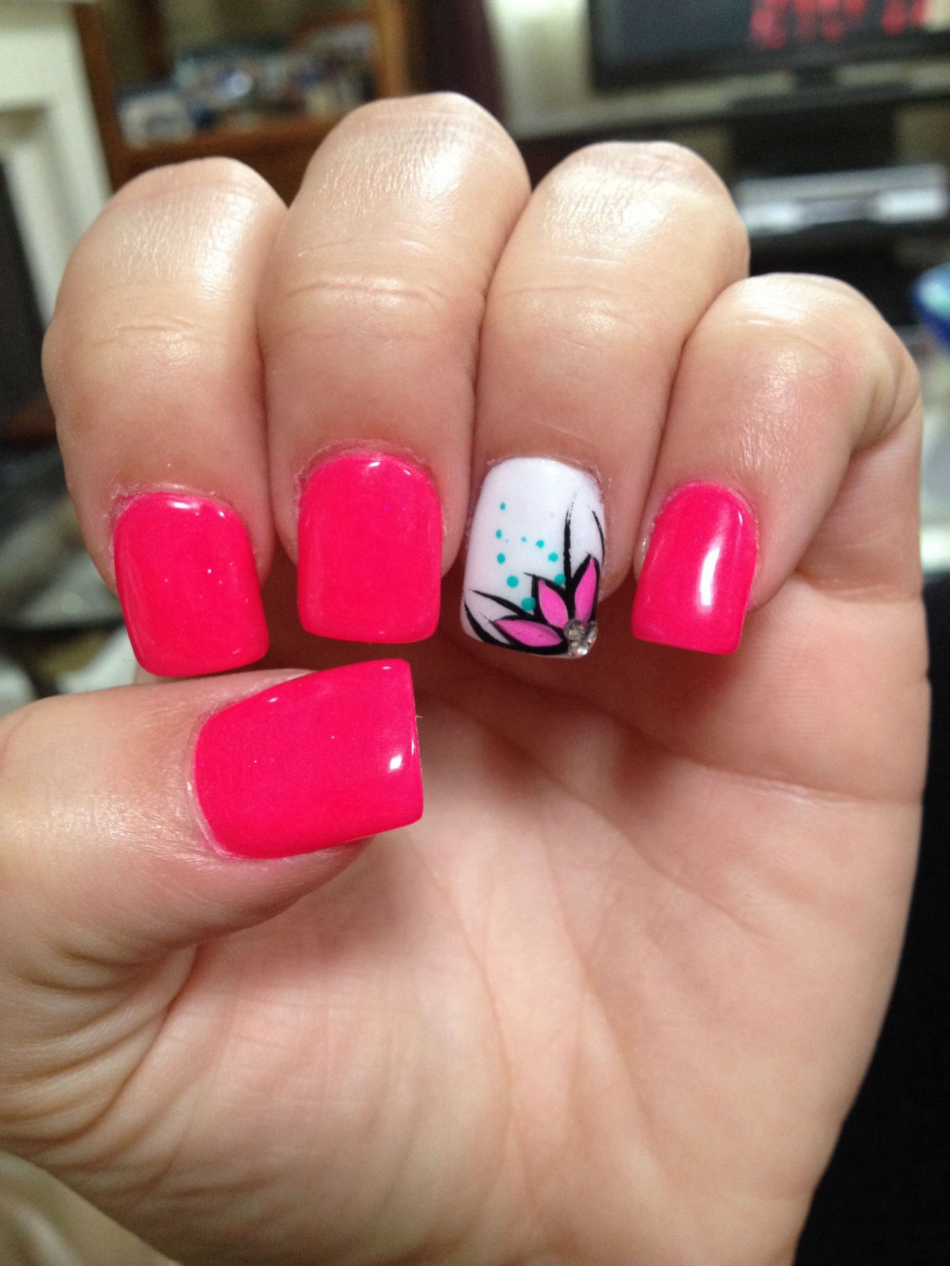 Hot Pink Nail Designs
 Hot pink nails with flower design Nail Polish