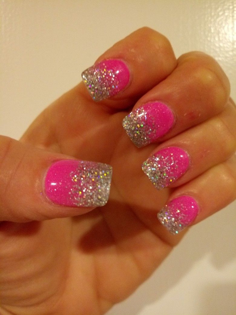 Hot Pink Nails With Glitter
 Hot pink & silver glitter ombre nails