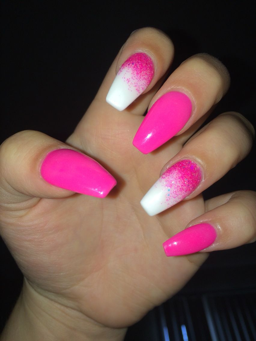 Hot Pink Nails With Glitter
 Hot pink Ombré nails