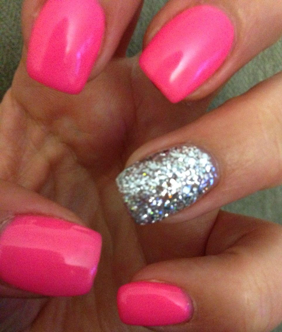 Hot Pink Nails With Glitter
 Hot pink nails with glitter accent