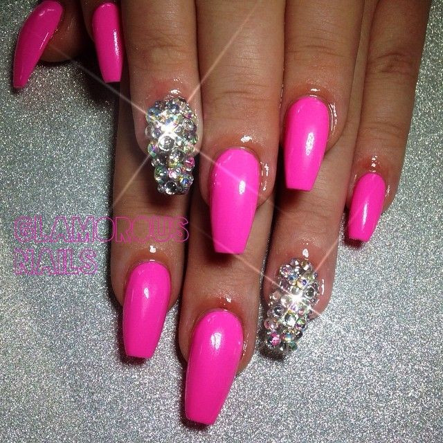 Hot Pink Nails With Glitter
 Hot Pink Nailz and Bling