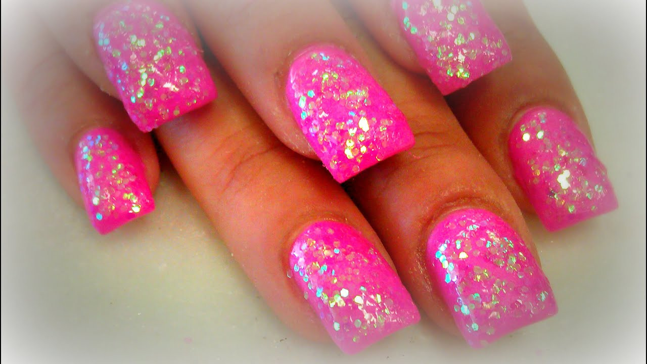 Hot Pink Nails With Glitter
 DIY PINK GLITTER NAILS
