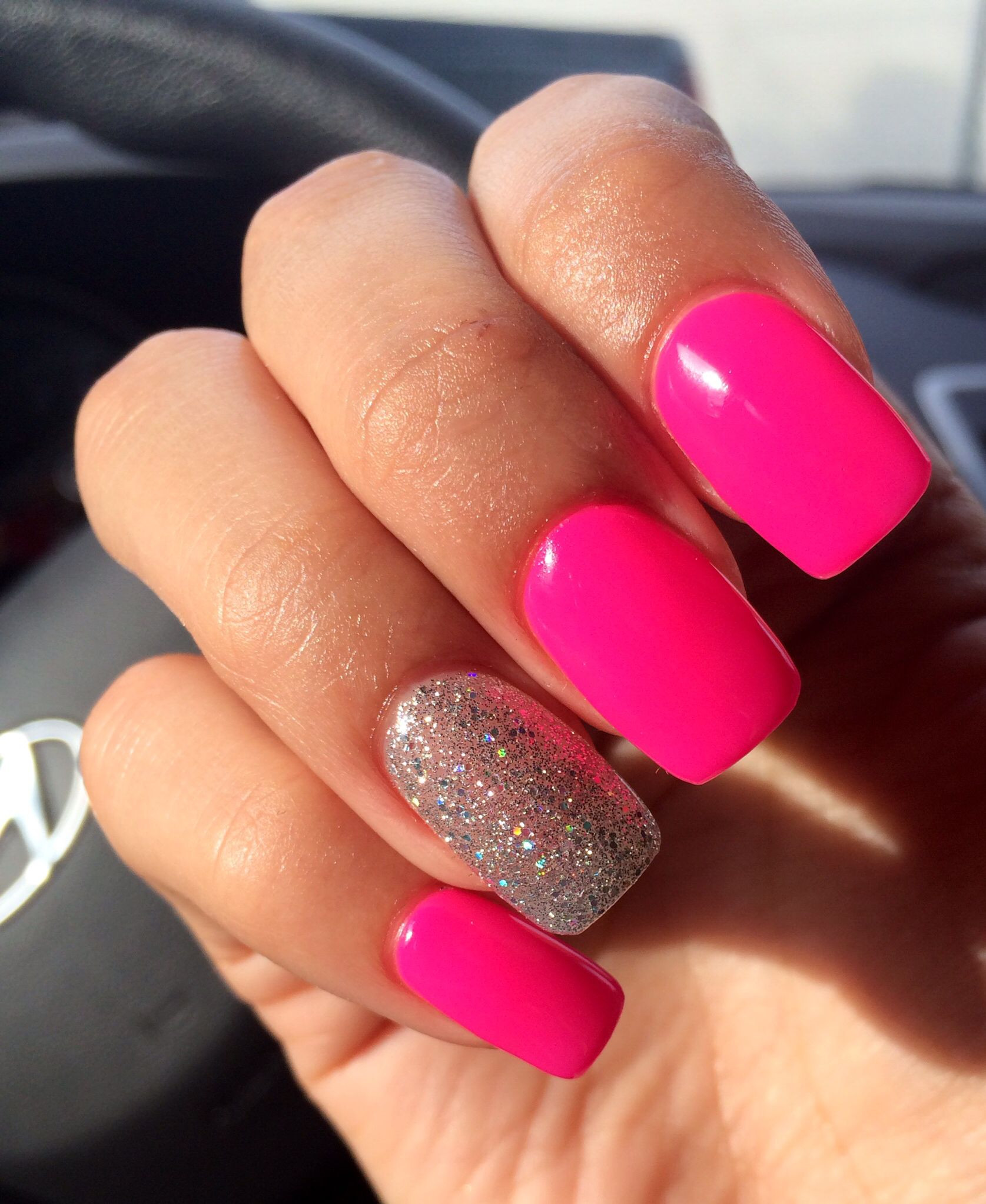 Hot Pink Nails With Glitter
 Acrylic Nails Hot Pink Gel with Silver Clear Glitter