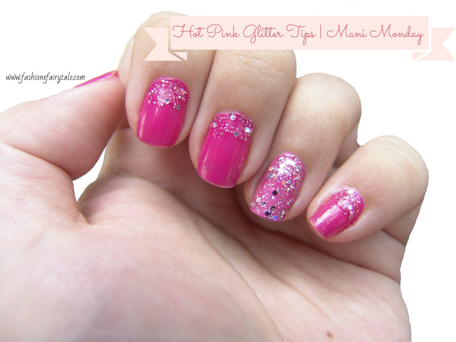 Hot Pink Nails With Glitter
 Hot Pink Glitter Tips