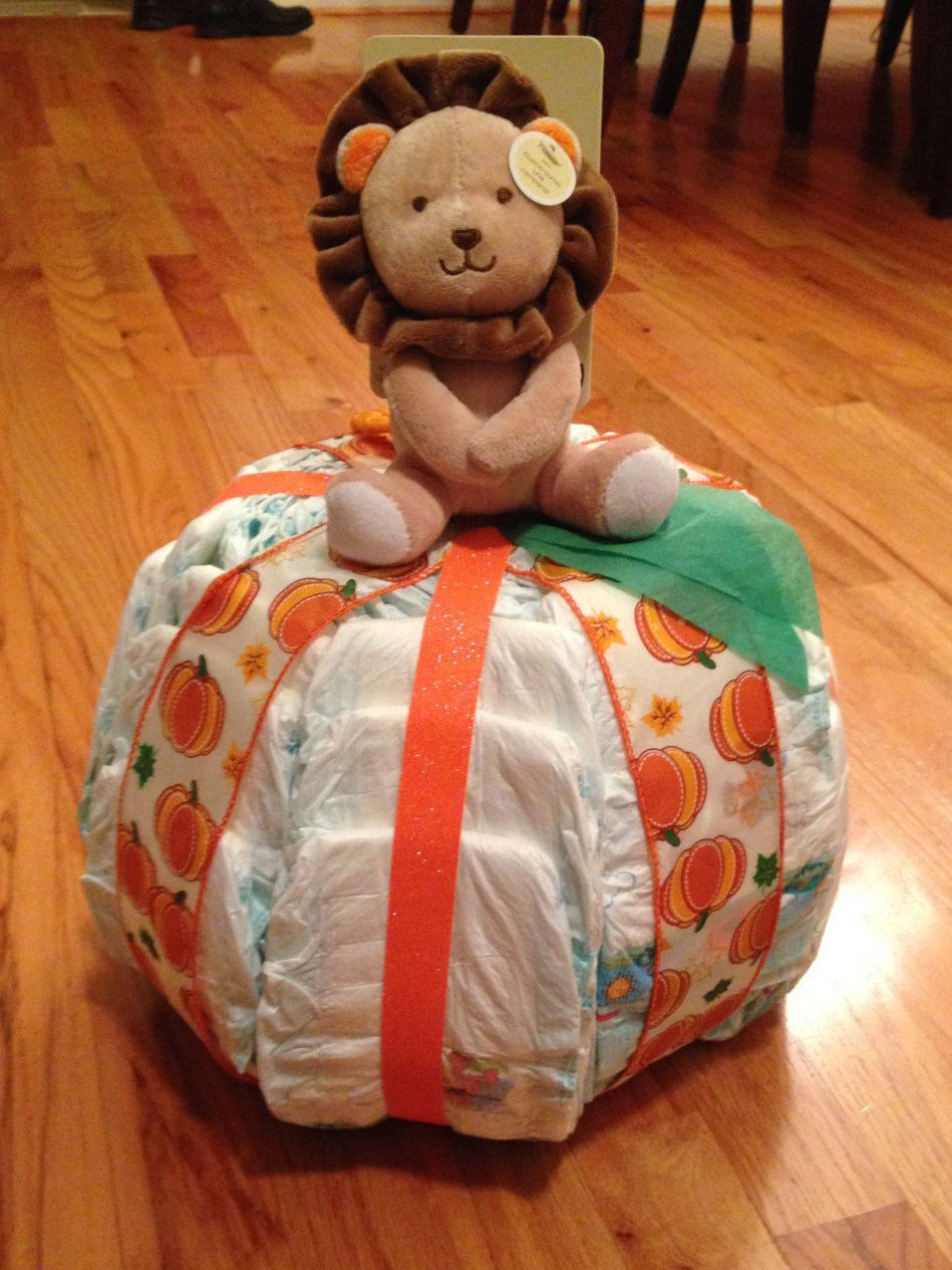 How To Make Baby Shower Gifts Out Of Diapers
 Little "Pumpkin" Diaper Cake by CandeeLandCreations on