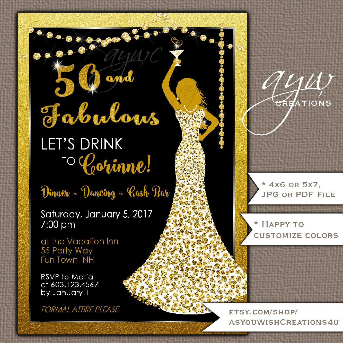 Ideas For A 50Th Birthday Party For A Woman
 50th Birthday Party Invitations Woman Bling Dress 40th Womans