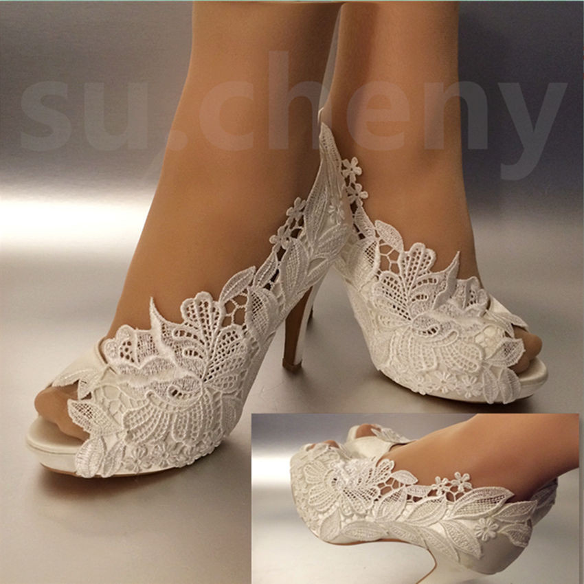 Ivory Wedding Shoes For Bride
 3” 4” heel white ivory silk lace open toe crystal Wedding