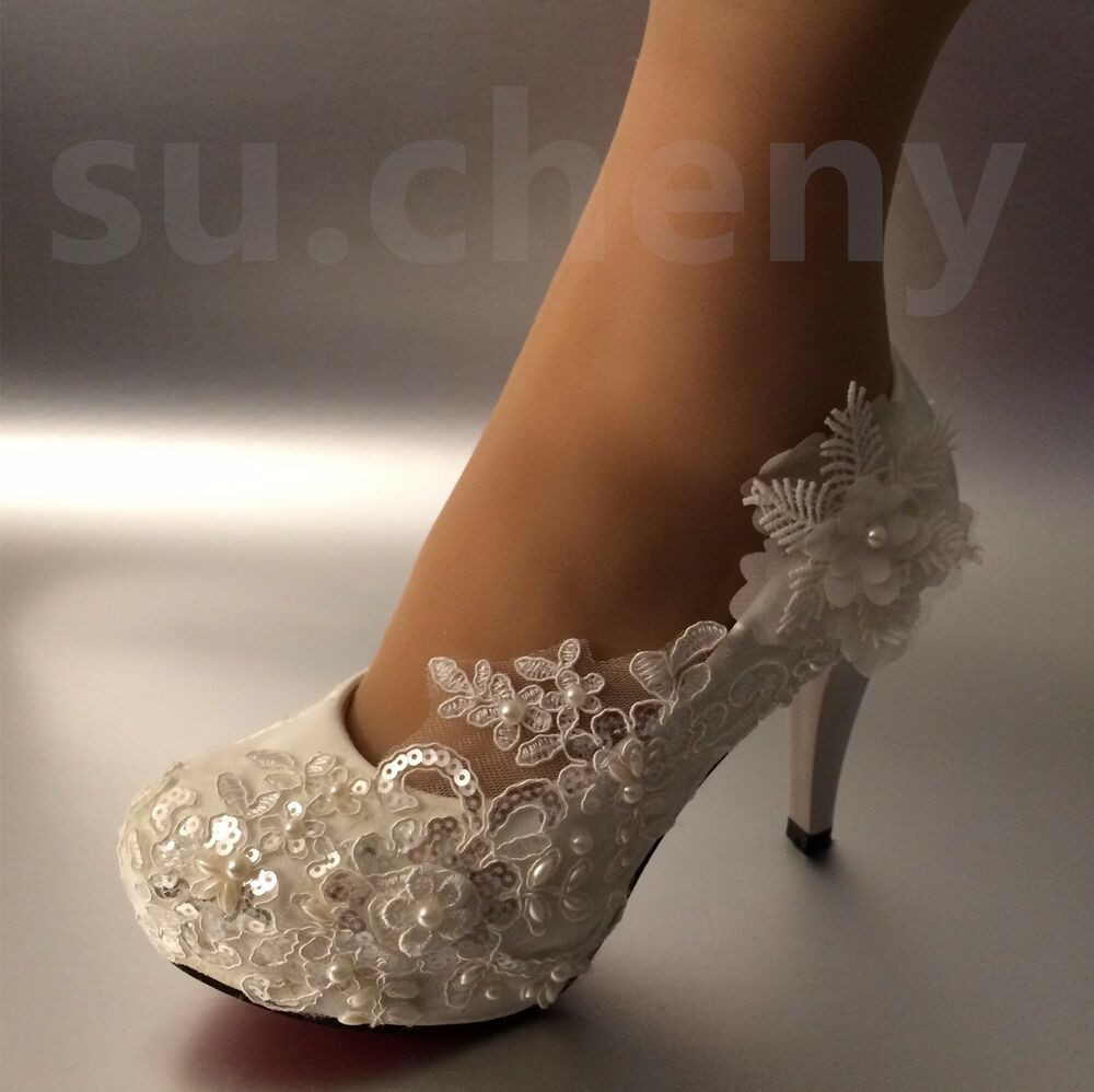 Ivory Wedding Shoes For Bride
 sueny 3" 4 " heel white ivory lace pearls Wedding shoes