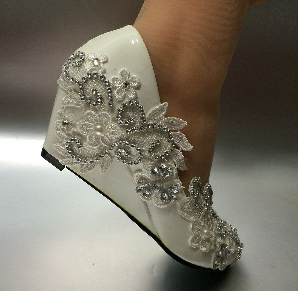 Ivory Wedding Shoes For Bride
 5 cm wedge white ivory lace crystal Wedding shoes Bridal