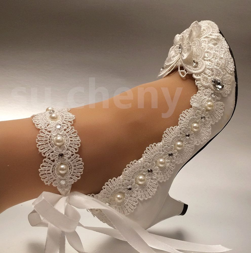 Ivory Wedding Shoes For Bride
 sueny White ivory heel lace bow crystal pearl Wedding