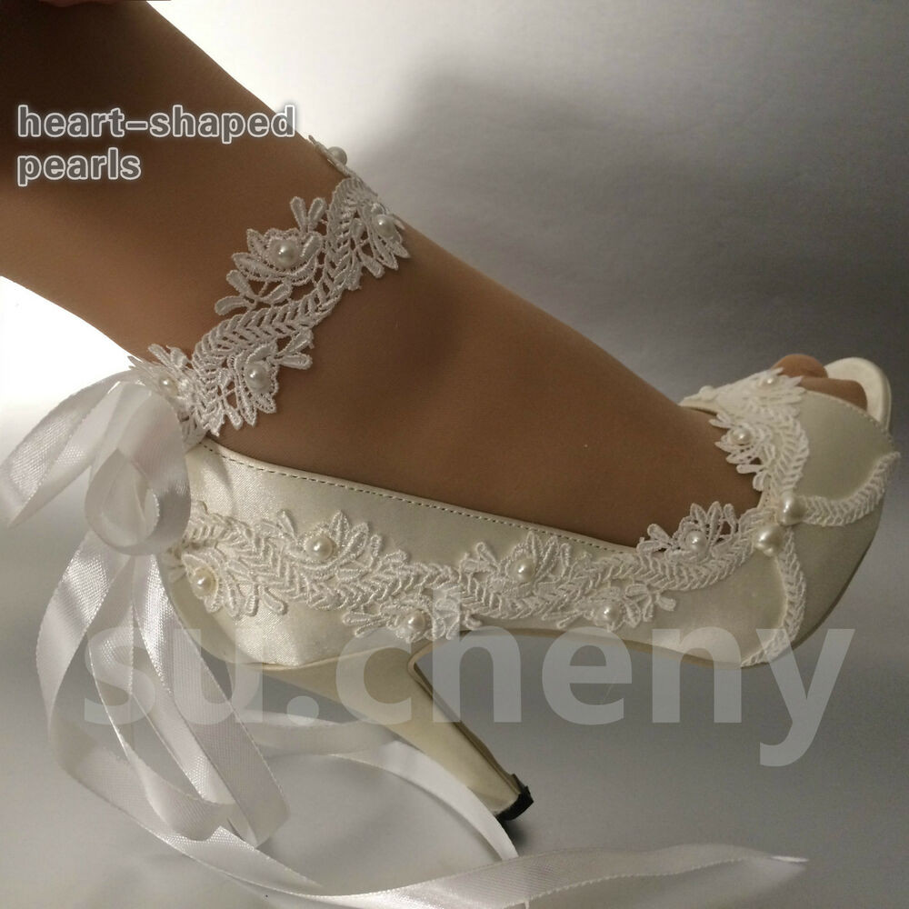 Ivory Wedding Shoes For Bride
 sueny 3" 4" heel satin white ivory lace ribbon open toe