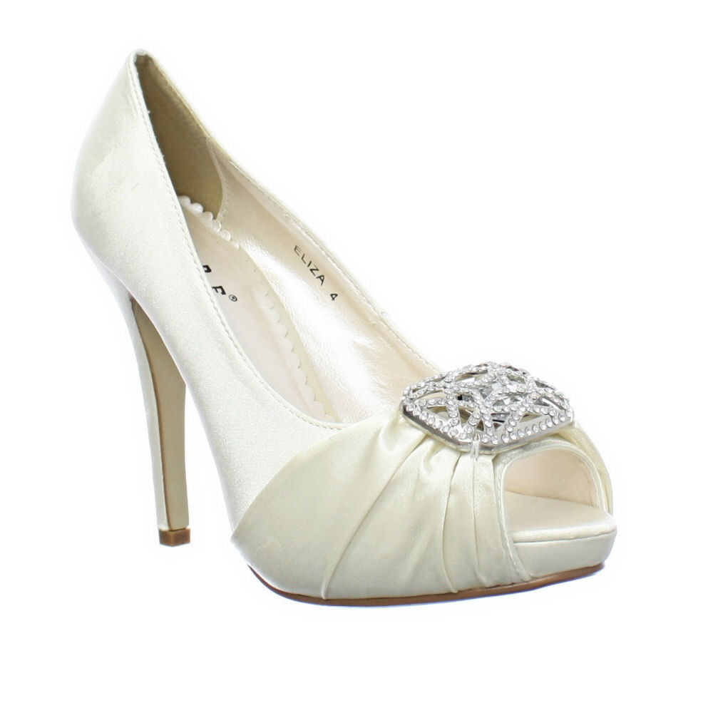 Ivory Wedding Shoes For Bride
 WOMENS CHAMPAGNE IVORY SATIN DIAMANTE PEEP TOE WEDDING