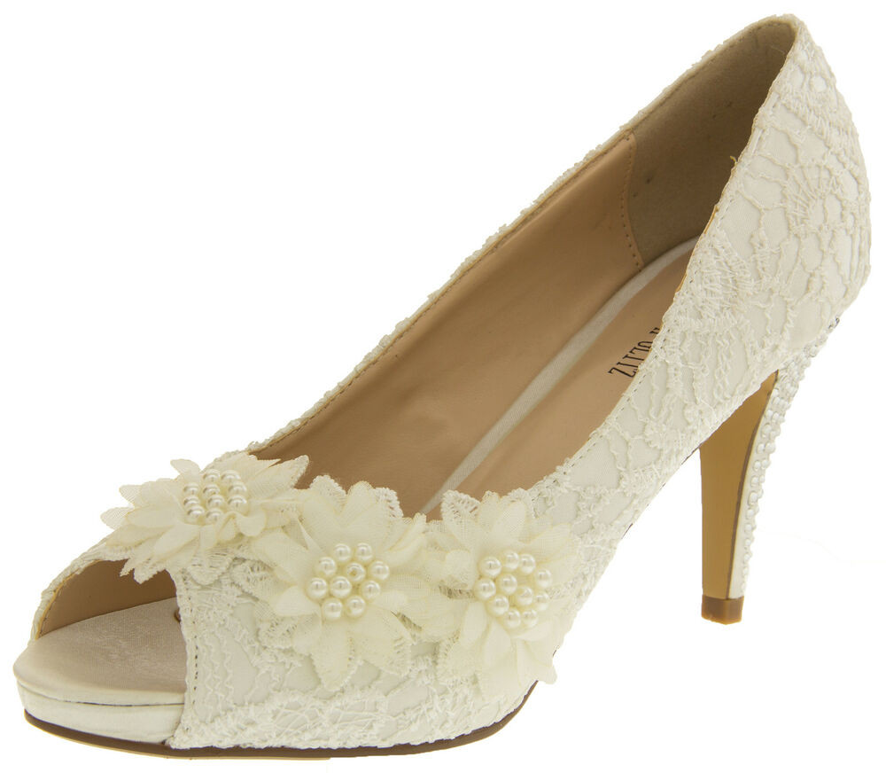 Ivory Wedding Shoes For Bride
 Womens Ivory Bridal High Heels Lace Satin Wedding Diamante