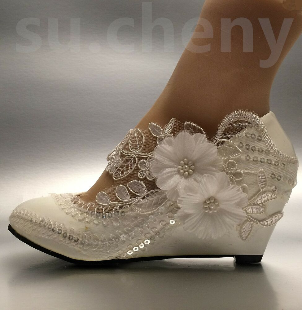 Ivory Wedding Shoes For Bride
 Lace white ivory crystal sequin daisy Wedding shoes Bride