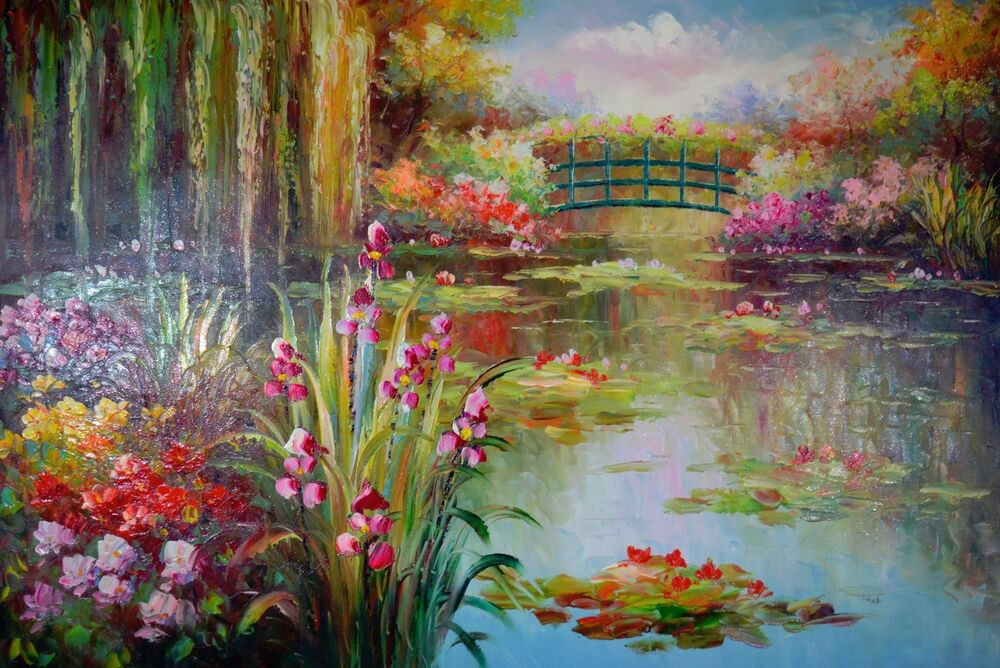 Japan Landscape Painting
 WATER LILY KOI POND JAPANESE GARDEN LANDSCAPE ART OIL