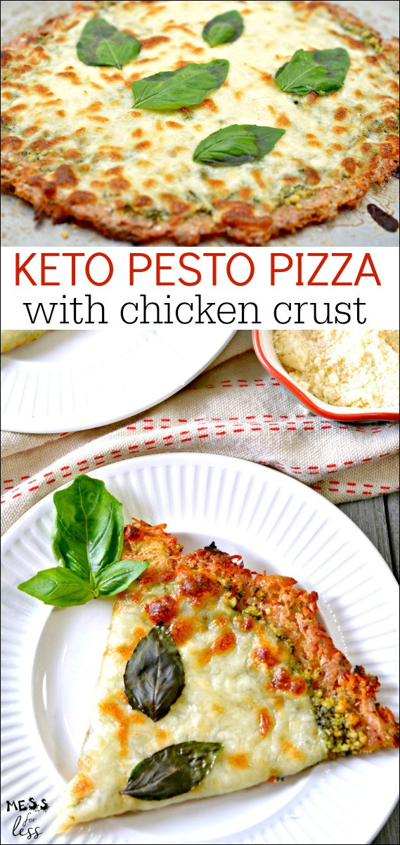 Keto Chicken Pizza
 Keto Pizza with Chicken Crust and Pesto Mess for Less