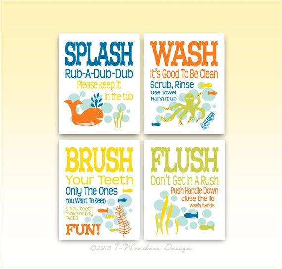 Kids Bathroom Signs
 Items similar to Childrens Kids Bathroom Art Prints Set of