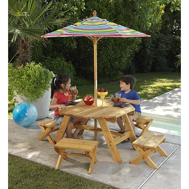 Kids Outside Table
 Octagon Table & 4 Benches with Multi striped Umbrella