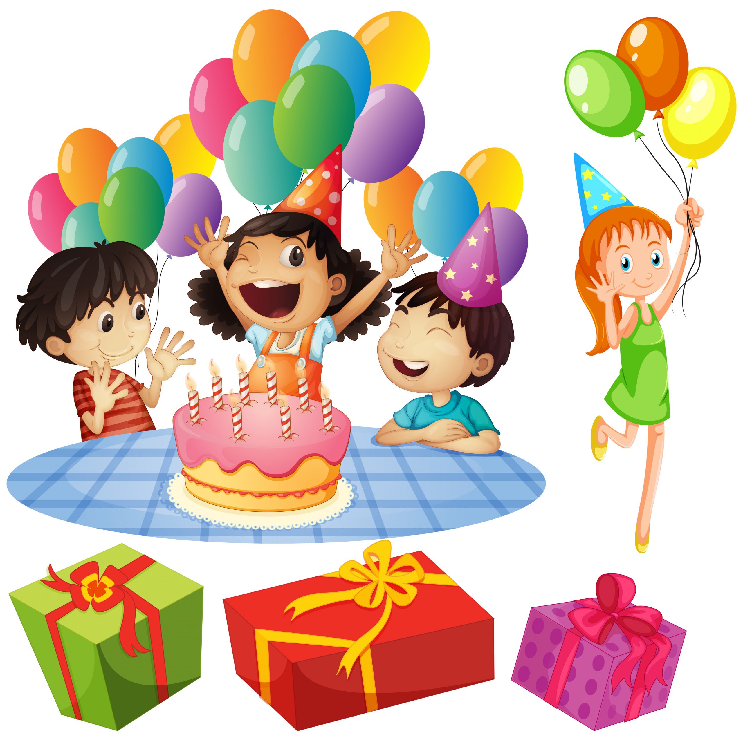 Kids Party Clipart
 Kids at birthday party with balloons and presents