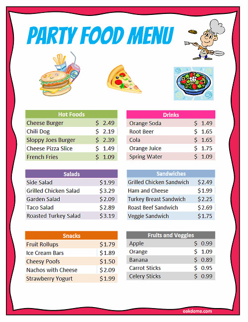 Kids Party Food List
 Excel Party for 5 Food Bud
